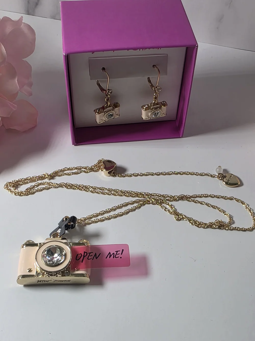 Betsey Johnson - Pink Camera Earrings & Necklace Set
